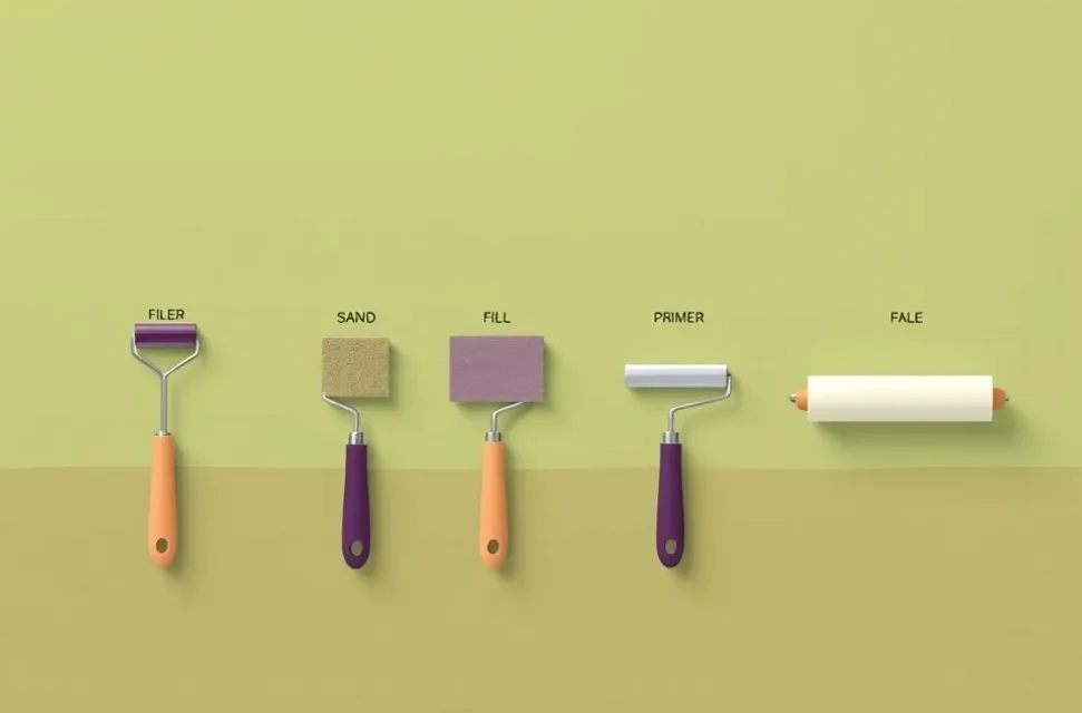 Outils de peinture disposés dans l'ordre des étapes du chantier