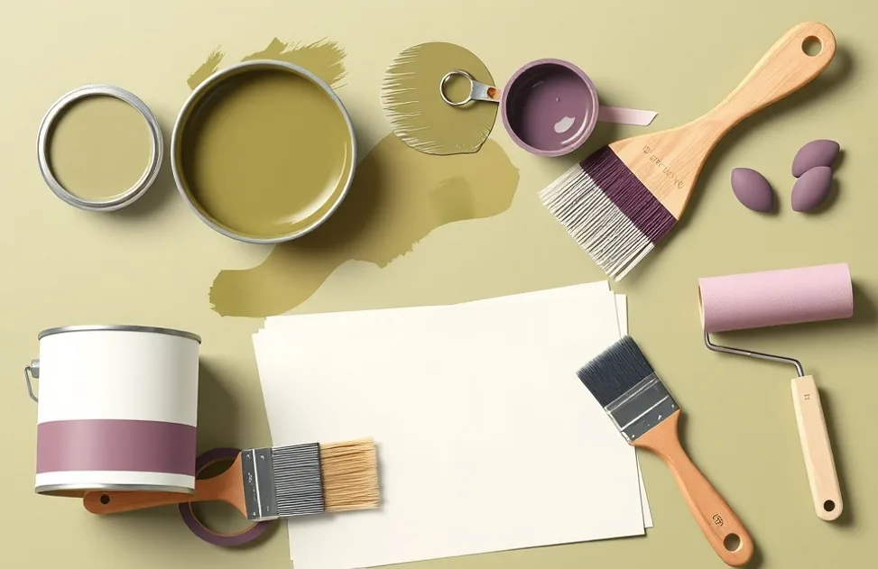 Pots de peinture, nuancier, brosses et rouleaux disposés à plat