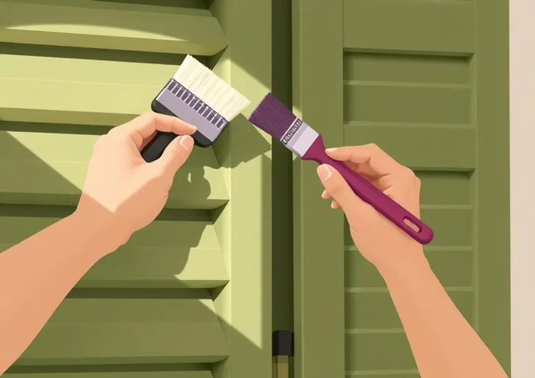 Mise en peinture au pinceau de volets et d'encadrements en bois
