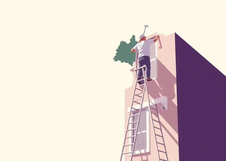 Peintre sur échafaudage traitant la façade d'une maison
