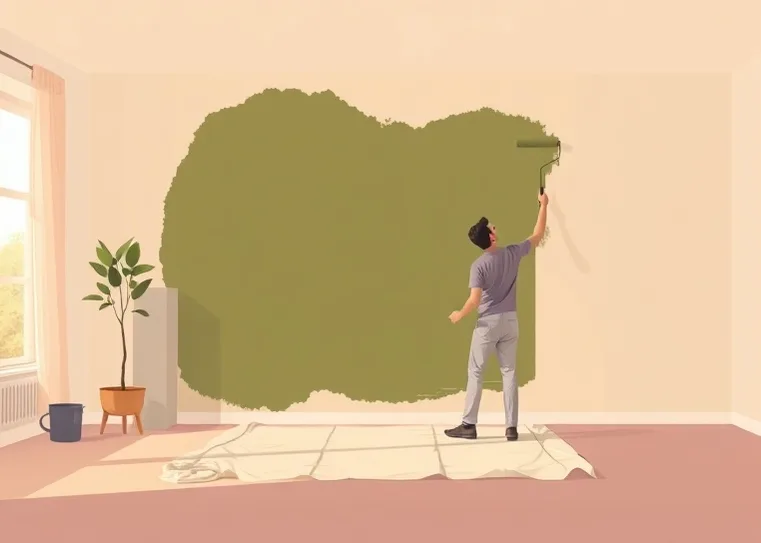 Peintre appliquant la peinture au rouleau sur un mur de salon